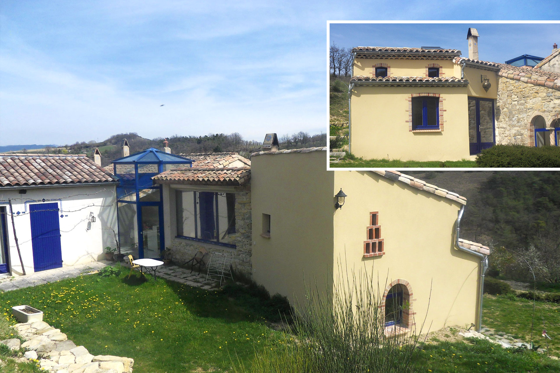 Extension de maison à Crest avec travaux de maçonnerie, charpente, couverture et aménagements intérieurs.