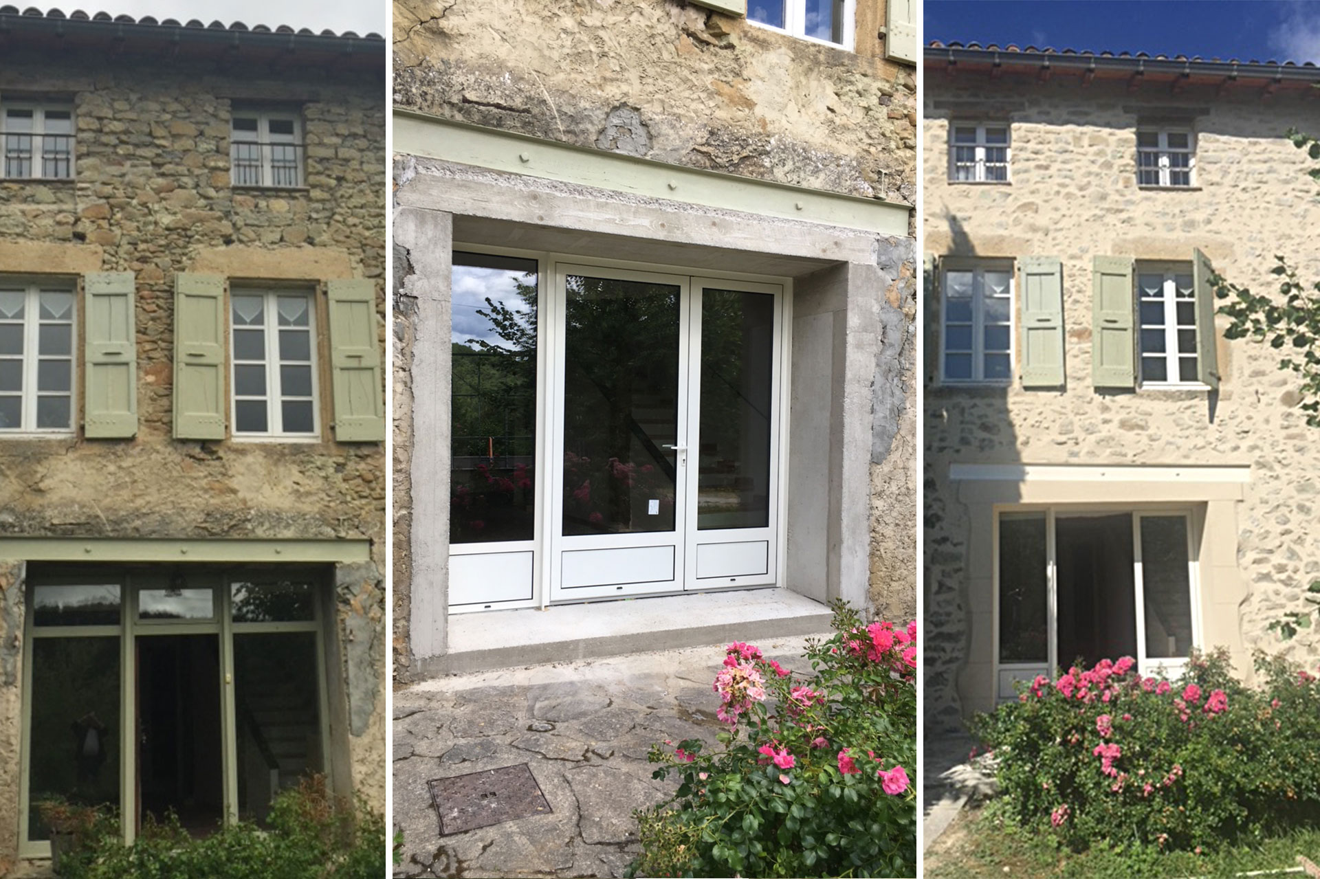 Rénovation : partielle avec renforcement d’ouverture, changement de menuiserie et réfection façade. Chantier à Piégros la Clastre.